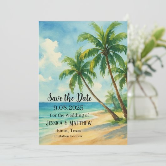 Tropisch strand kust Palm Tree Wedding Kaart (Staand voorkant)