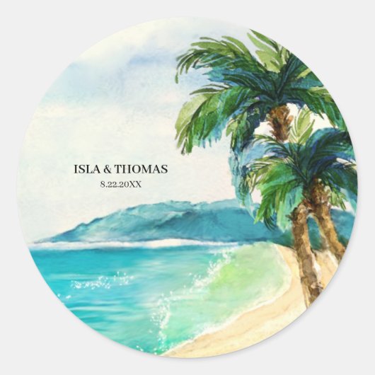 Tropisch strand lagune | Palmboom Paradise Weddens Ronde Sticker (Voorkant)