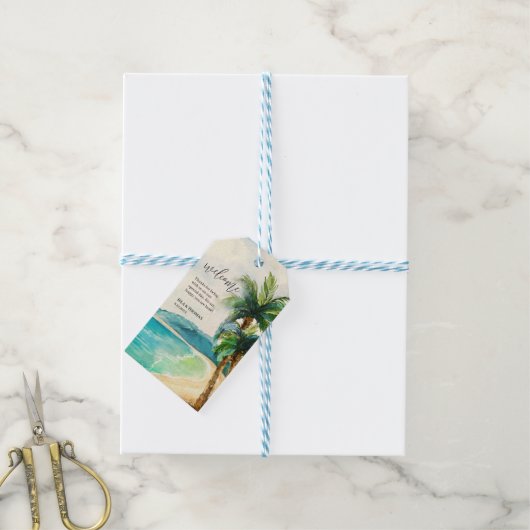 Tropisch strand lagune | Welkom bij Palm Tree Wedd Cadeaulabel (Met Touw)