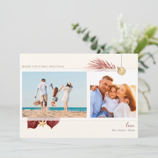 Tropisch strand maroon & Gold Greenery 2-foto Feestdagenkaart (Staand voorkant)