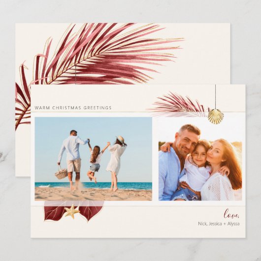 Tropisch strand maroon & Gold Greenery 2-foto Feestdagenkaart (Voorkant / Achterkant)