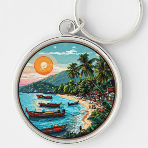 Tropisch strand met boten en palmbomen sleutelhanger