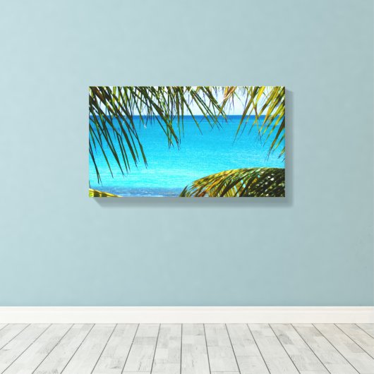 Tropisch strand met handpalmen canvas afdruk (Insitu (Houten vloer))