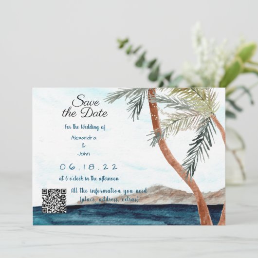 Tropisch strand met lichten Save the Date Kaart (Staand voorkant)