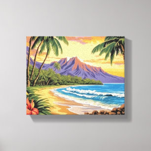 Tropisch strand met palmbomen en bloemen canvas afdruk