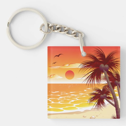 Tropisch strand met palmboom eiland bij zonsonderg sleutelhanger (Voorkant)