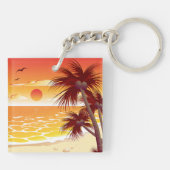 Tropisch strand met palmboom eiland bij zonsonderg sleutelhanger (Achterkant)