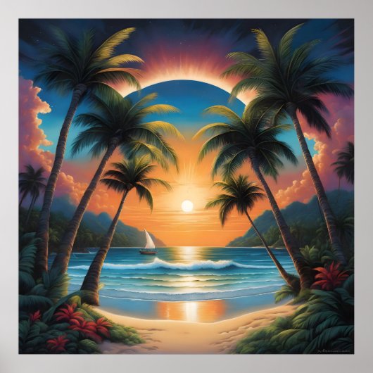 Tropisch strand met palmen poster (Voorkant)