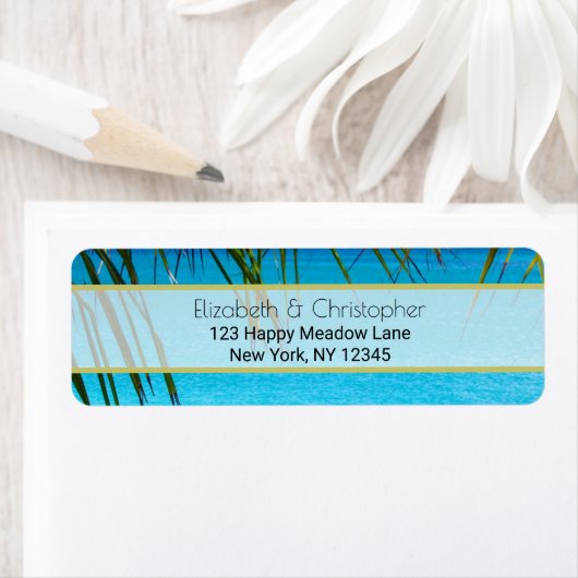 Tropisch strand met palmschijfjes etiket (Insitu)