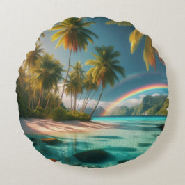 Tropisch strand met regenboog en palmbomen rond kussen