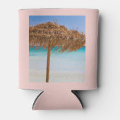 Tropisch strand met rieten parasol blikjeskoeler (Voorkant)