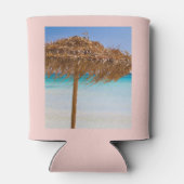 Tropisch strand met rieten parasol blikjeskoeler (Achterkant)