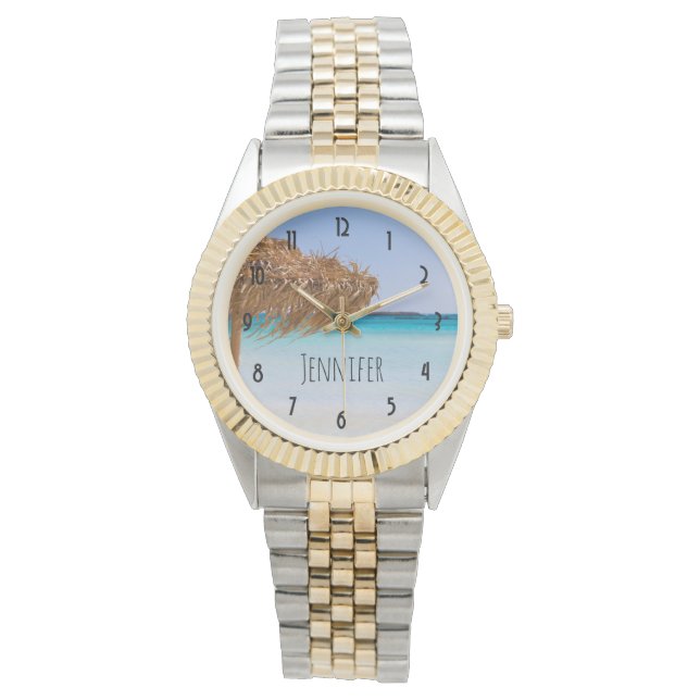 Tropisch strand met rieten parasol horloge (Voorkant)