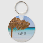 Tropisch strand met rieten parasol sleutelhanger (Voorkant)