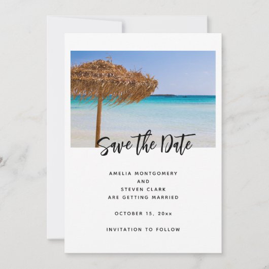 Tropisch strand met strodak bruiloft save the date (Voorkant)