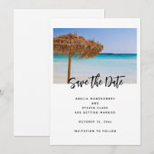 Tropisch strand met strodak bruiloft save the date (Voorkant / Achterkant)