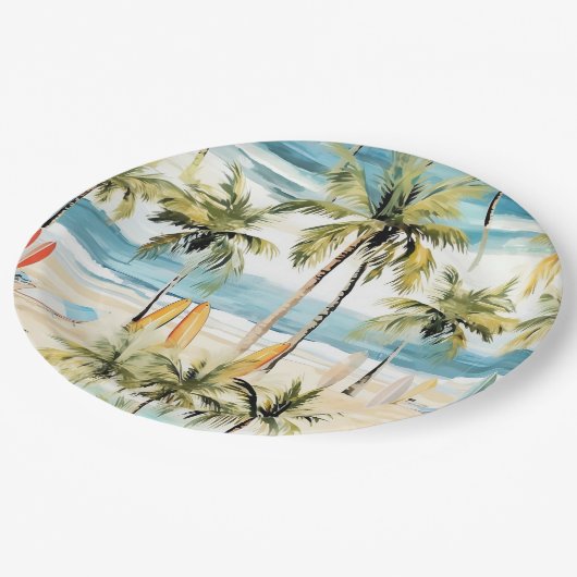 Tropisch strand met surfplanken papieren bordje (Gekanteld)