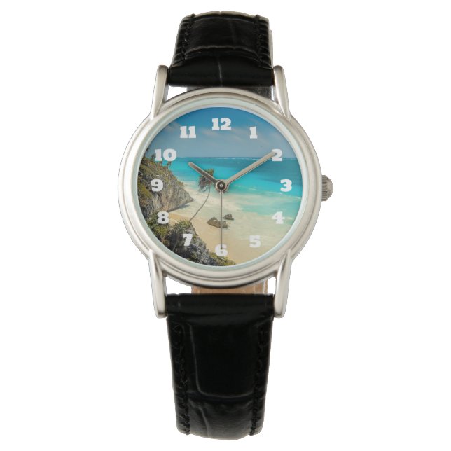 Tropisch strand met wind geveegd palmbomen horloge (Voorkant)