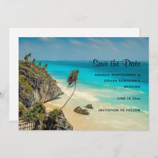 Tropisch strand met wind geveegd palmbomen save the date (Voorkant / Achterkant)