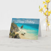 Tropisch strand met wind geveegd palmbomen Verjaar Kaart (Gele Bloem)