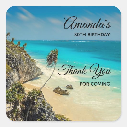 Tropisch strand met wind geveegd palmbomen Verjaar Vierkante Sticker (Voorkant)