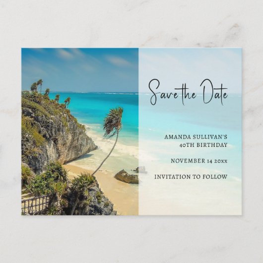 Tropisch strand met wind geveegd palmen Save the D Uitnodiging Briefkaart (Voorkant)