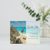 Tropisch strand met wind geveegd palmen Save the D Uitnodiging Briefkaart (Staand voorkant)