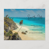 Tropisch strand met wind geveegd palmen Save the D Uitnodiging Briefkaart (Voorkant)