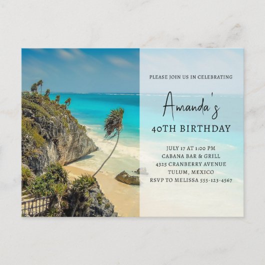 Tropisch strand met wind geveegd palmen verjaardag uitnodiging briefkaart (Voorkant)