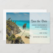 Tropisch strand met wind geveegde bomen save the date (Voorkant / Achterkant)