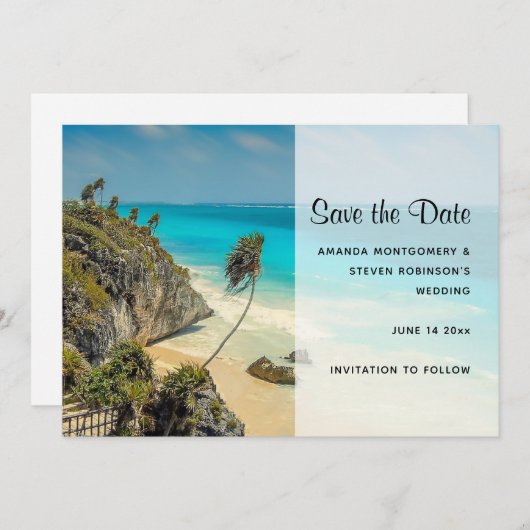 Tropisch strand met wind geveegde bomen save the date (Voorkant / Achterkant)