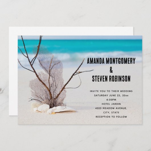 Tropisch strand met witte zeeschelpen bruiloft kaart (Voorkant / Achterkant)