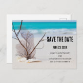Tropisch strand met witte zeeschelpen Save the Dat Uitnodiging Briefkaart (Voorkant / Achterkant)