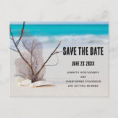 Tropisch strand met witte zeeschelpen Save the Dat Uitnodiging Briefkaart (Voorkant)