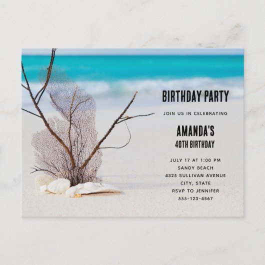 Tropisch strand met witte zeeschelpen Verjaardag Uitnodiging Briefkaart (Voorkant)