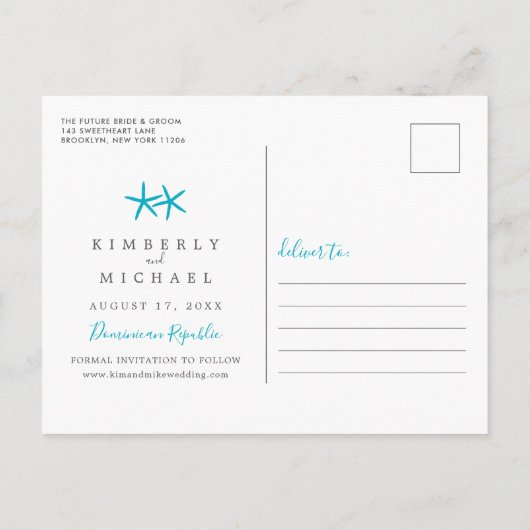 Tropisch strand met zand hart Opslaan Datum Aankondigingskaart (Achterkant)