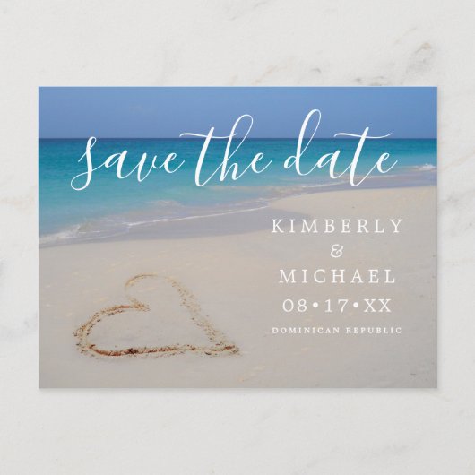Tropisch strand met zandhart Save the Date Annou Aankondigingskaart (Voorkant)