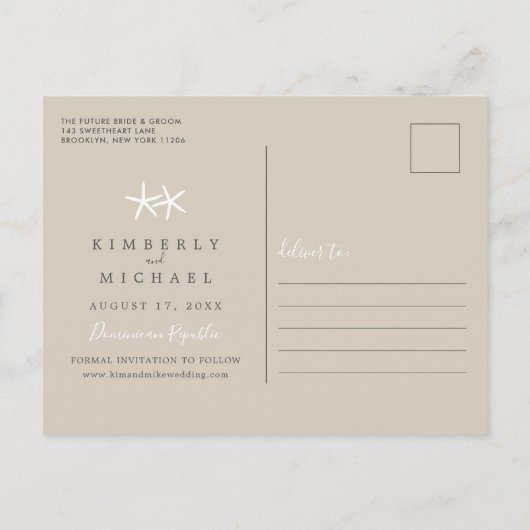 Tropisch strand met zandhart Save the Date Annou Aankondigingskaart (Achterkant)