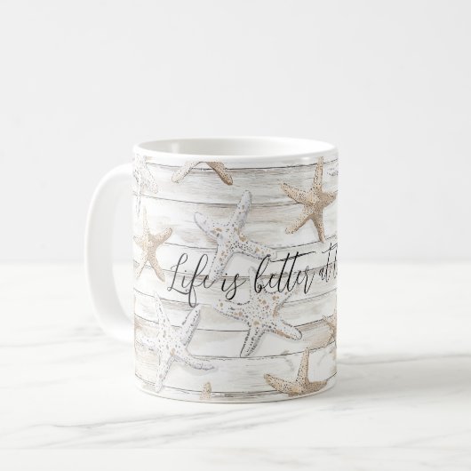 Tropisch strand met zeester voor trouwdag koffiemok (Voorkant links)