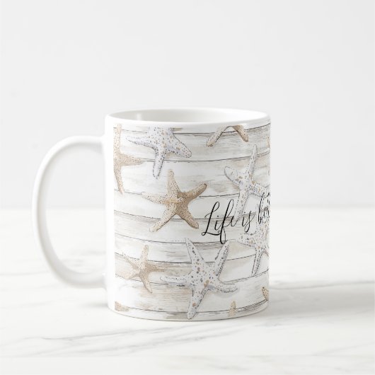 Tropisch strand met zeester voor trouwdag koffiemok (Links)