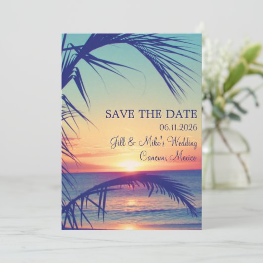 Tropisch strand Mexico Trouwdag Save the Date (Staand voorkant)