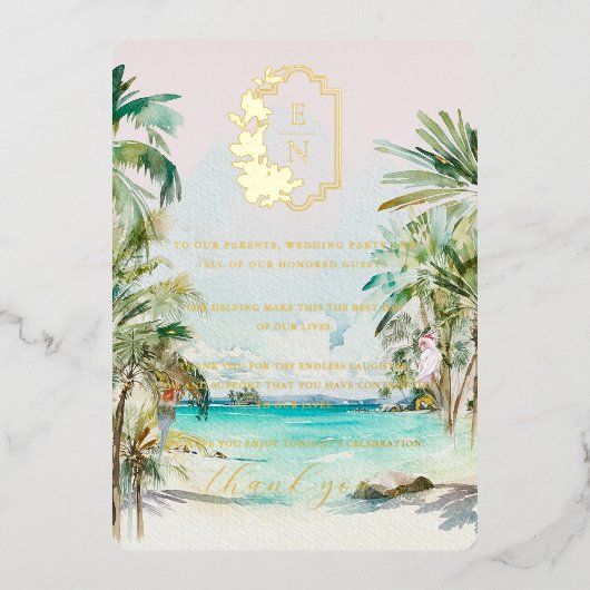Tropisch strand | Monogram weddenschap Bedankt Folie Uitnodiging (Voorkant)