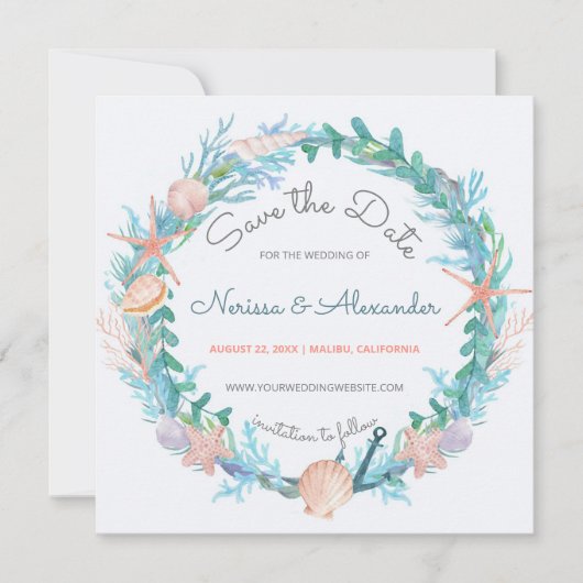Tropisch strand Nautical Zee Wreatinweddenschap Save The Date (Voorkant)