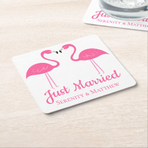 Tropisch strand net getrouwd roze flamingo's bruil kartonnen onderzetters