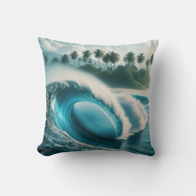 Tropisch Strand Oceaan Golf Crescendo Palmboom Kussen (Voorkant)