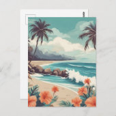 Tropisch strand, oceaan, hibiscusbloemen briefkaart (Voorkant / Achterkant)