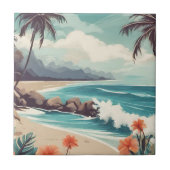 Tropisch strand, oceaan, hibiscusbloemen tegeltje (Voorkant)