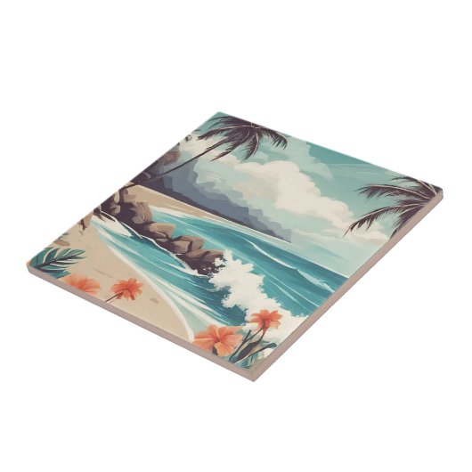 Tropisch strand, oceaan, hibiscusbloemen tegeltje (Zijkant)