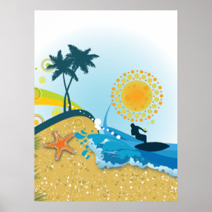 Tropisch strand, oceaan met surfer poster print