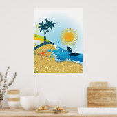 Tropisch strand, oceaan met surfer poster print (Keuken)